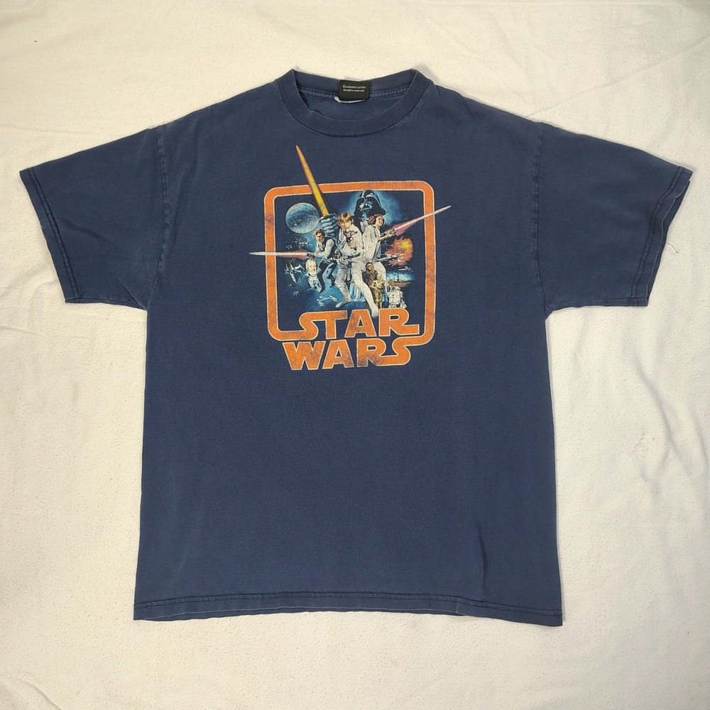Vintage 90s Star Wars A New Hope T-Shirt Navy Blue Men's L Movie Poster Art
